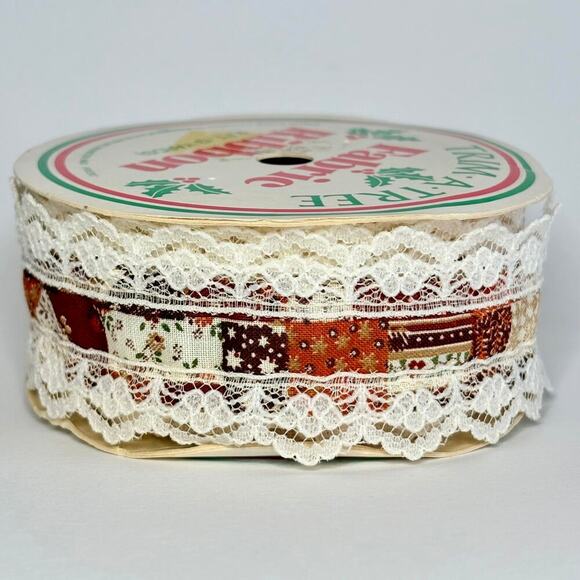 Vintage Fall Holiday Patchwork Lace Ribbon Spool Approx 9ft - Picture 1 of 5